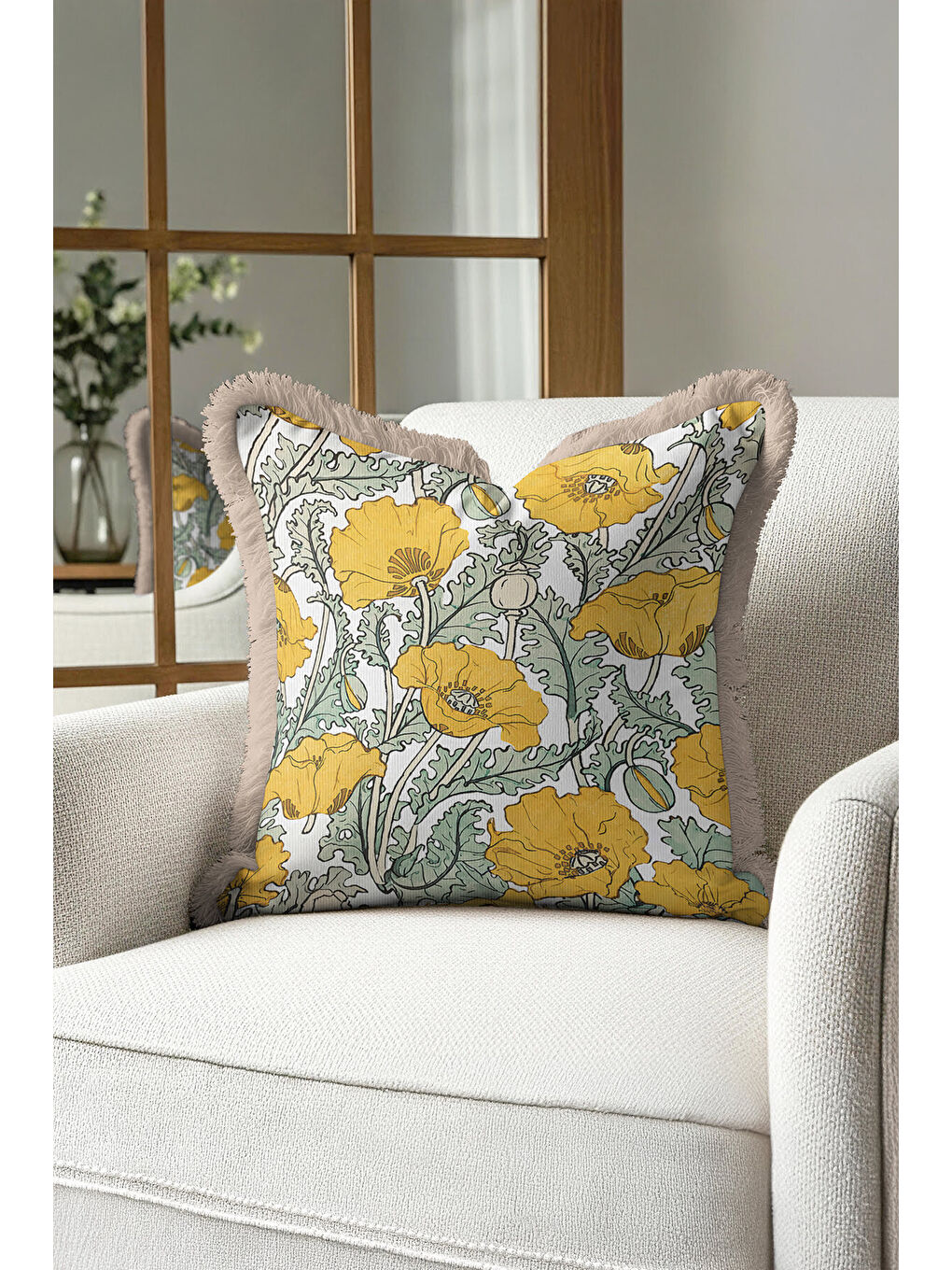 Karışık Lüks Çiçek Bahçesi Saçaklı Yastık Kılıfı - Vintage Country Sarı Yeşil Püsküllü Kırlent Kılıfı-1