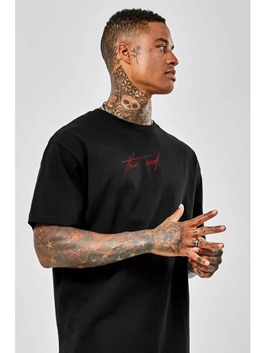 Unisex Baskılı Oversize T-Shirt - Siyah-2