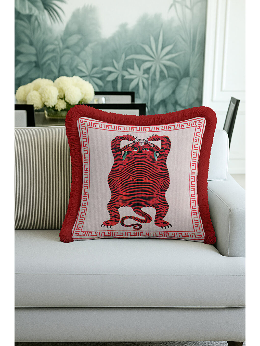 Karışık Asya Motifli Saçaklı Yastık Kılıfı - Kırmızı Kaplan Figürlü Etnik Bohem Püsküllü Kırlent Kılıfı-1