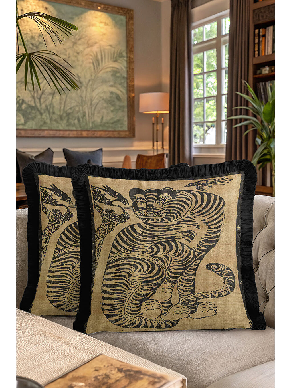 Karışık Egzotik Kaplan Motifli Saçaklı Yastık Kılıfı - Asya Bohem Siyah Altın Renkli Püsküllü Kırlent Kılıfı-7