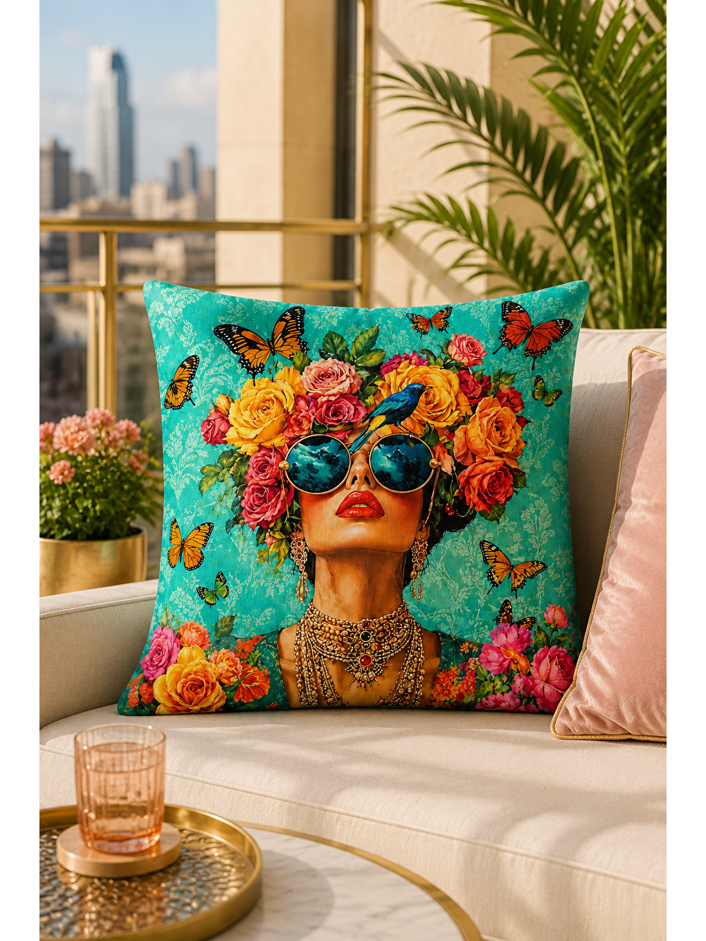 Turkuaz Çiçek Taçlı Kadın Kelebek Desenli Dekoratif Kırlent Kılıfı Bohem Salon Dekor 43x43 Cm-3