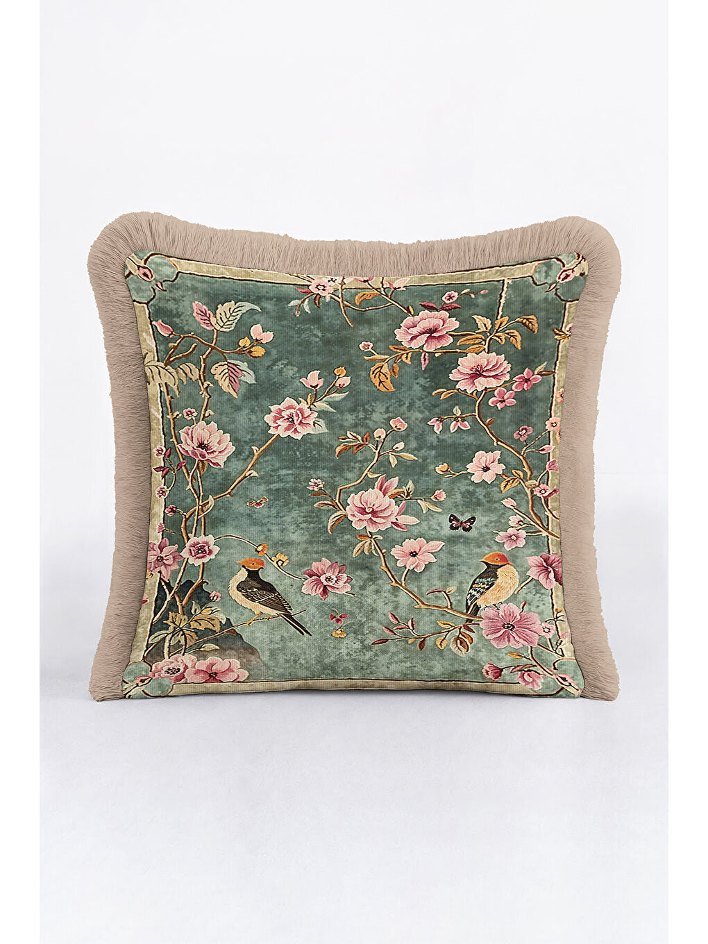 Karışık Bahar Kuşlu Saçaklı Yastık Kılıfı - Vintage Çiçekli Klasik Bohem Yeşil Püsküllü Kırlent Kılıfı