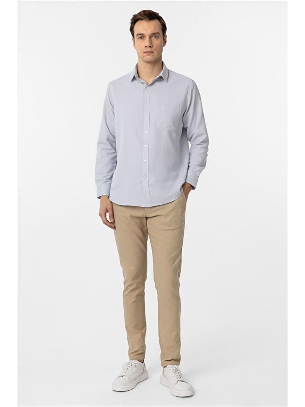 Gri Regular Armürlü Klasik Yaka Gömlek-4