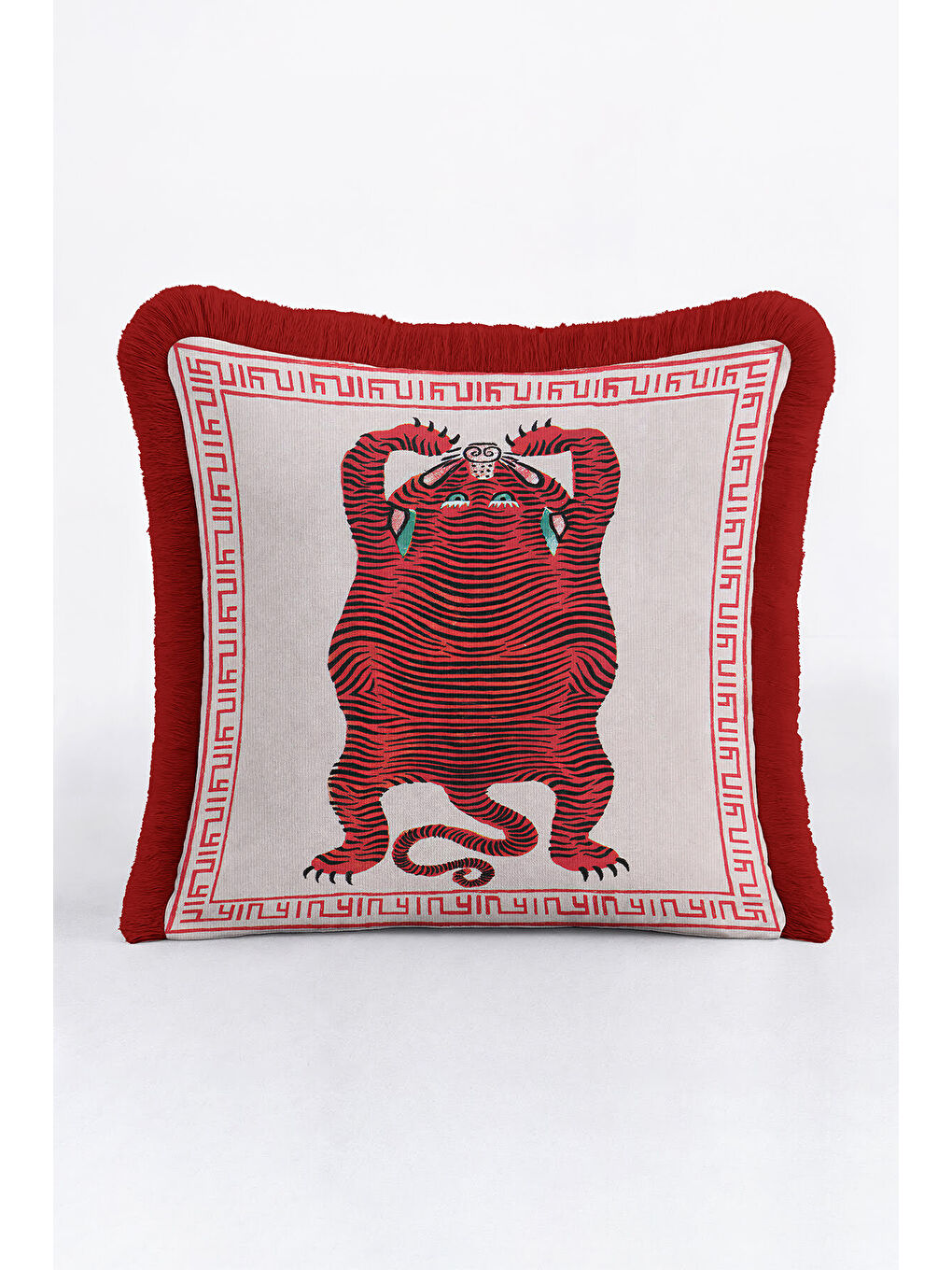 Karışık Asya Motifli Saçaklı Yastık Kılıfı - Kırmızı Kaplan Figürlü Etnik Bohem Püsküllü Kırlent Kılıfı-2