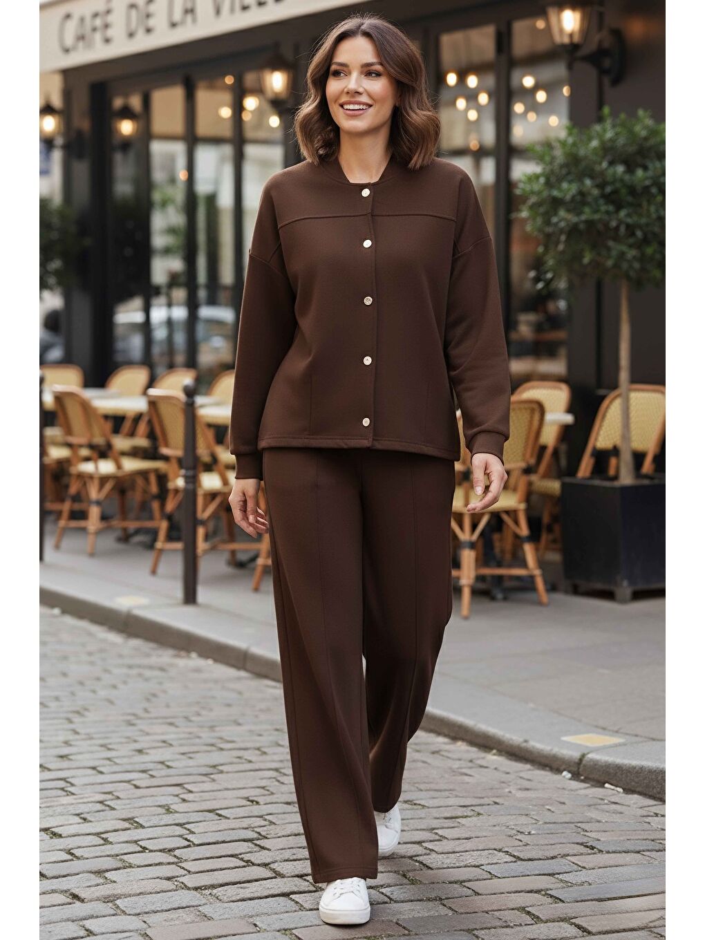 Kahverengi Çıtçıtlı Modaal İkili Takım Kahve - 28061-KAHVE-1