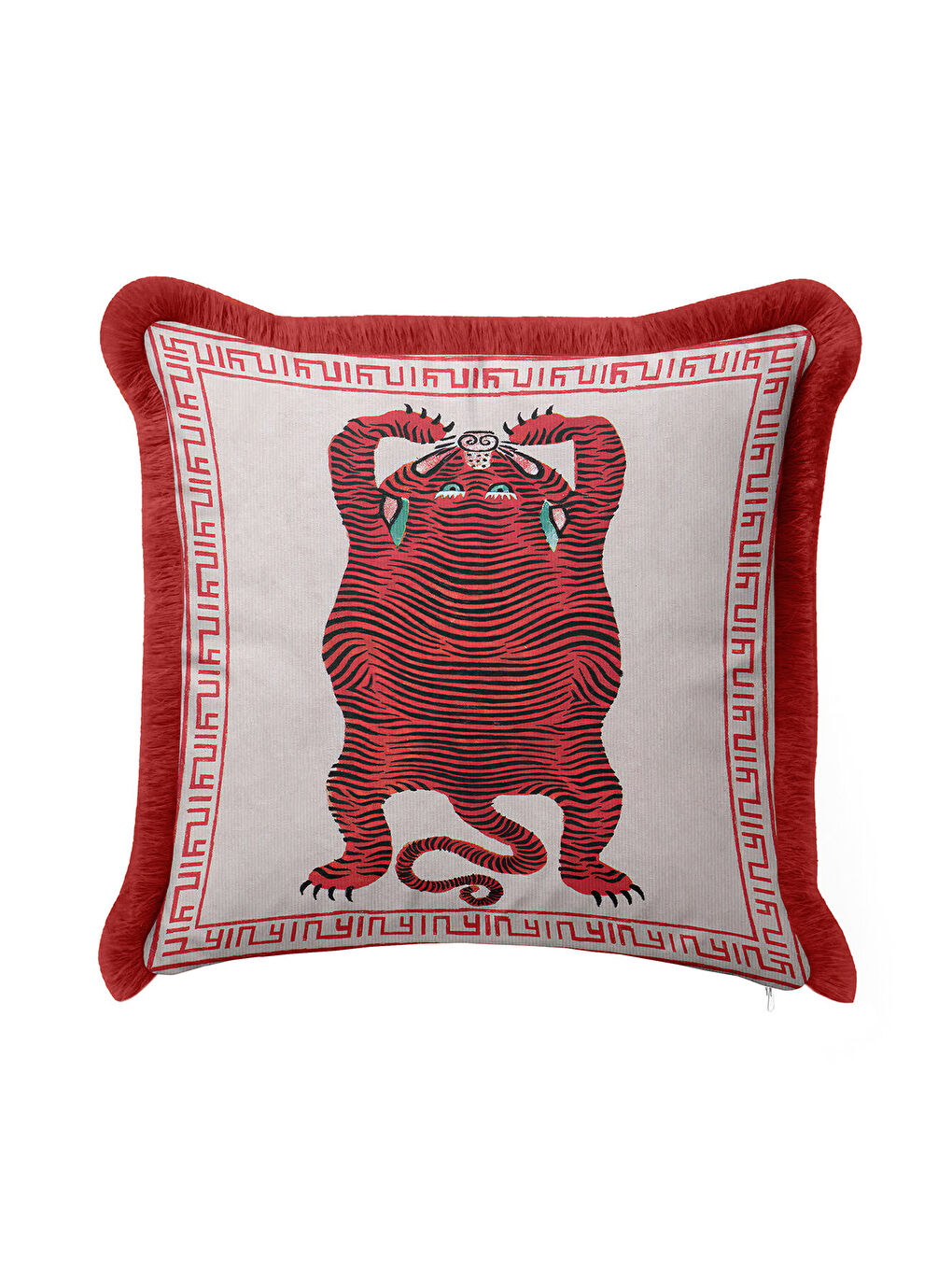Karışık Asya Motifli Saçaklı Yastık Kılıfı - Kırmızı Kaplan Figürlü Etnik Bohem Püsküllü Kırlent Kılıfı-3