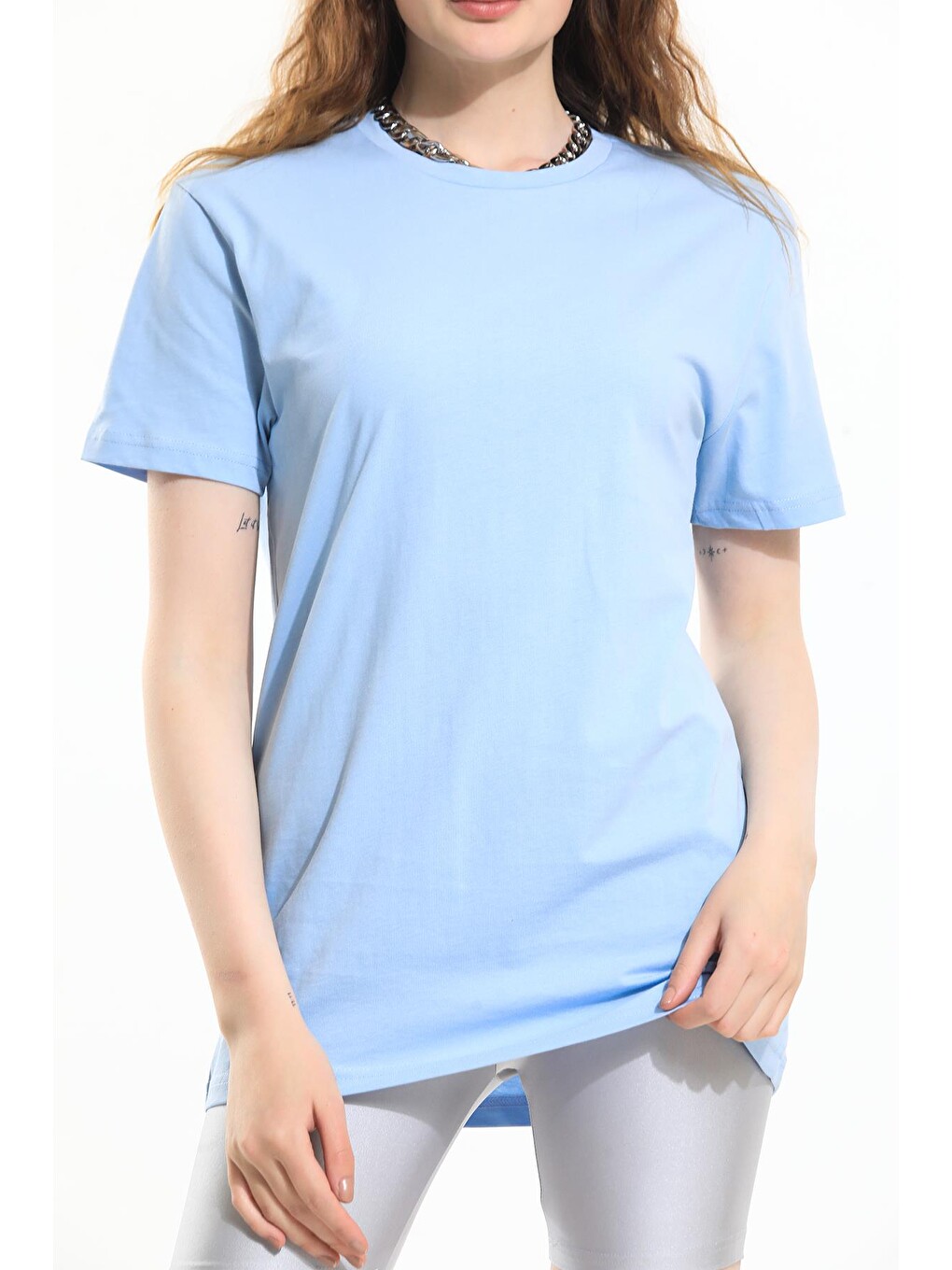Mavi Oversize Fit Pamuklu Kısa Kollu Basic Uniseks Kadın Erkek Tişört-1