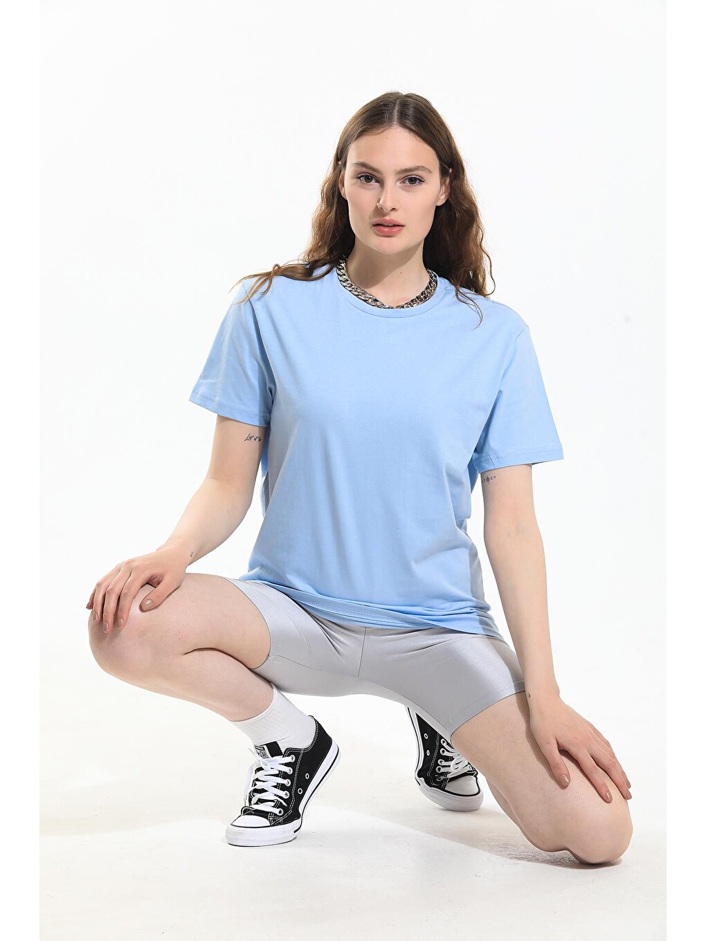 Mavi Oversize Fit Pamuklu Kısa Kollu Basic Uniseks Kadın Erkek Tişört-2