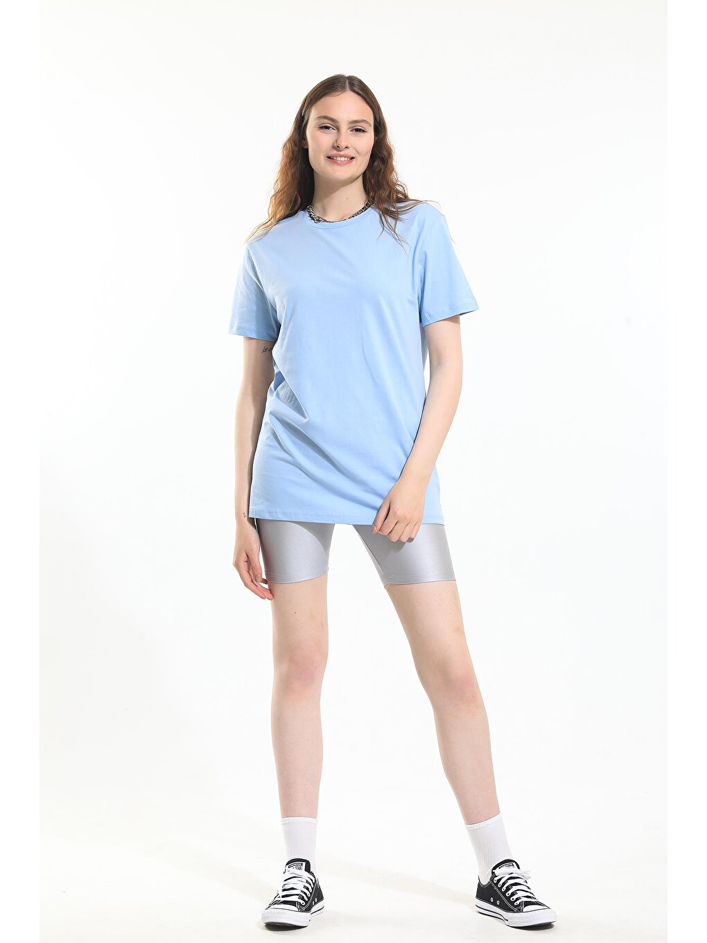 Mavi Oversize Fit Pamuklu Kısa Kollu Basic Uniseks Kadın Erkek Tişört-3