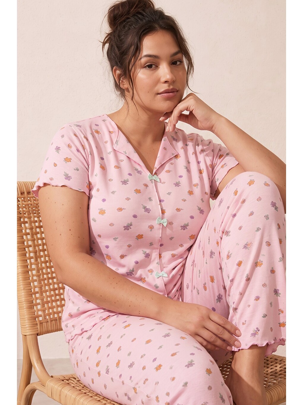 Pembe Beden Fitilli Kaşkorse Örme Pijama Takım26120851-3