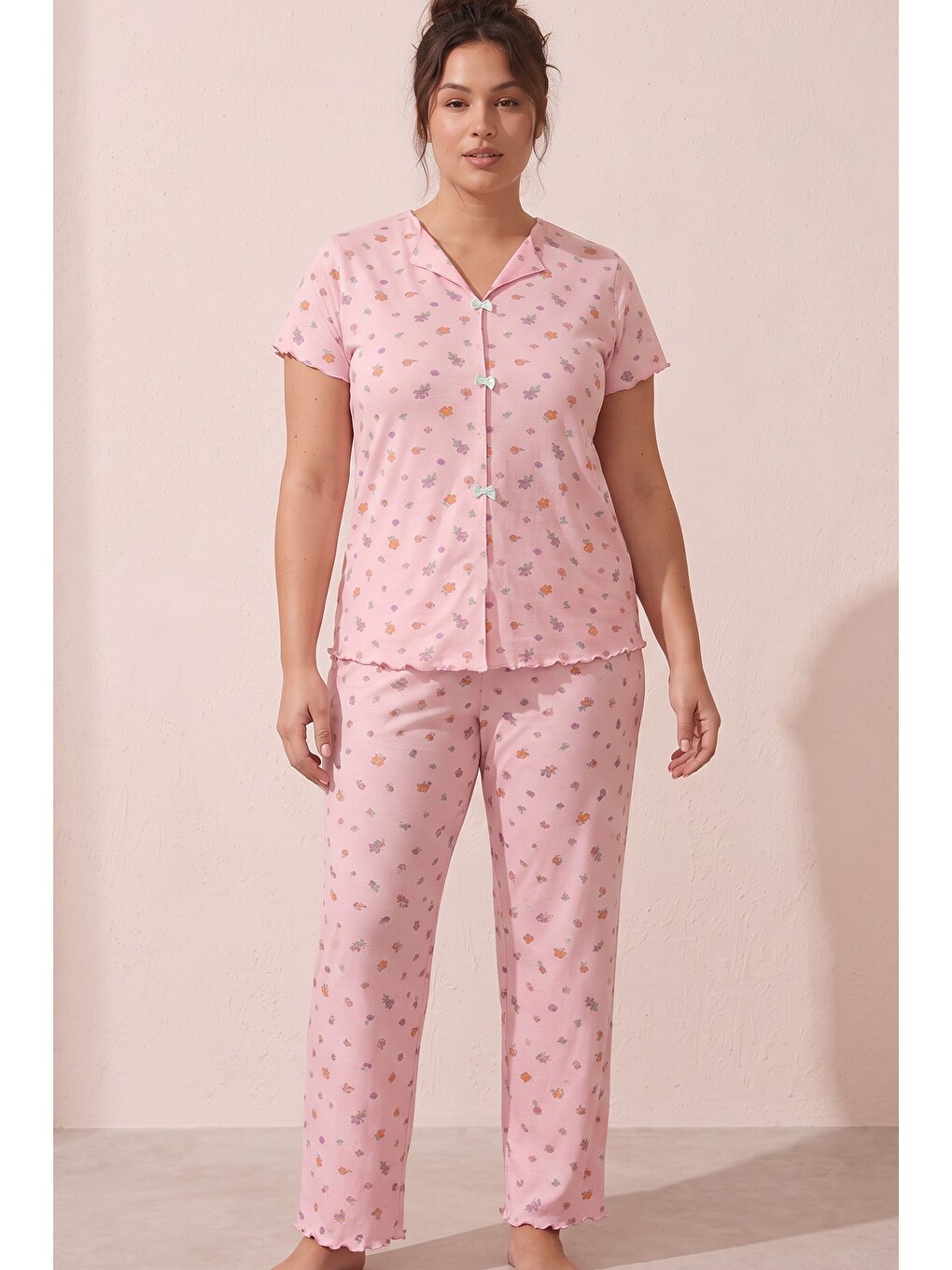 Pembe Beden Fitilli Kaşkorse Örme Pijama Takım26120851-4