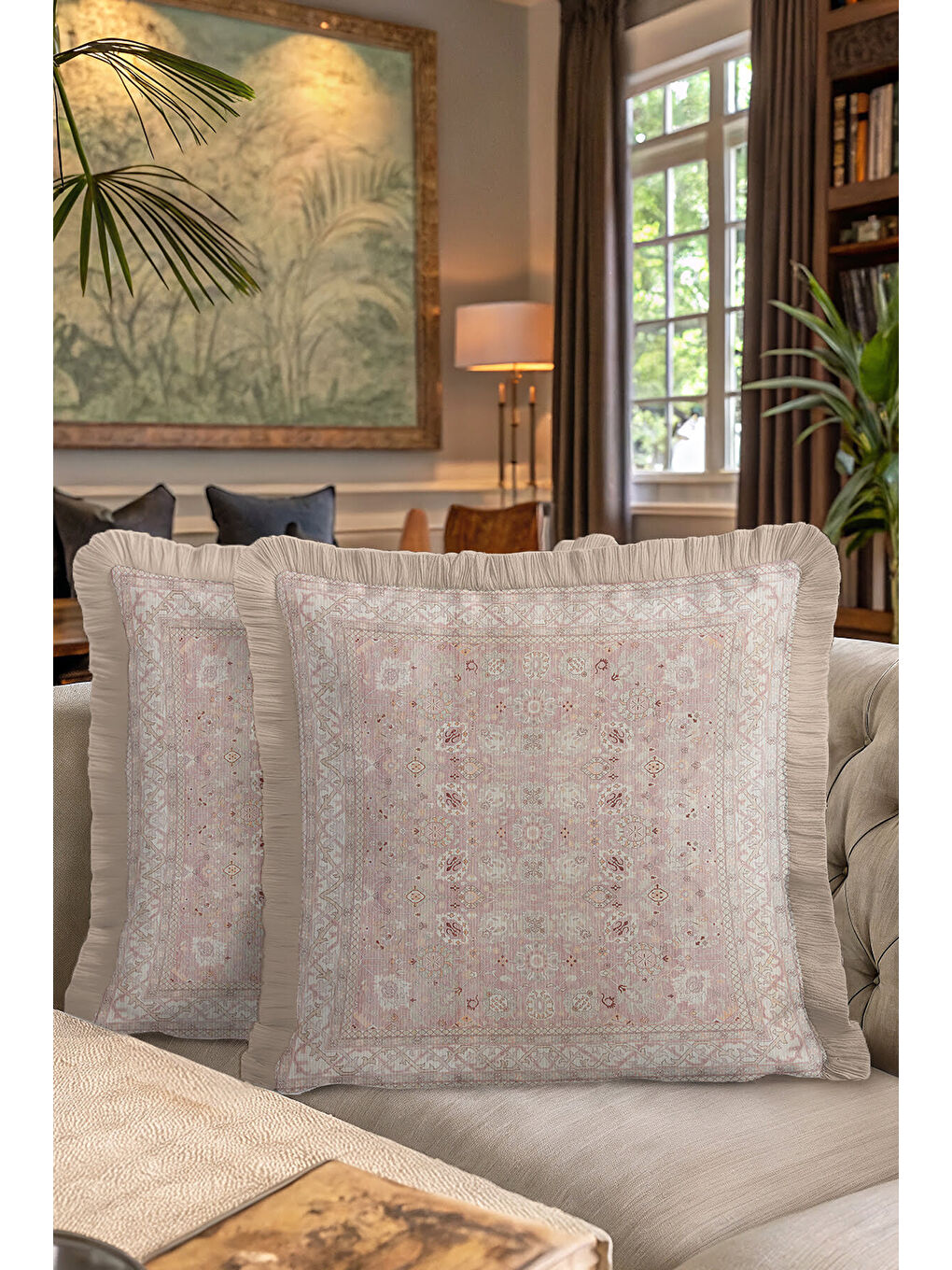 Karışık Zarif Vintage Halı Motifli Saçaklı Yastık Kılıfı - Klasik Rustik Pudra Bej Püsküllü Kırlent Kılıfı-10