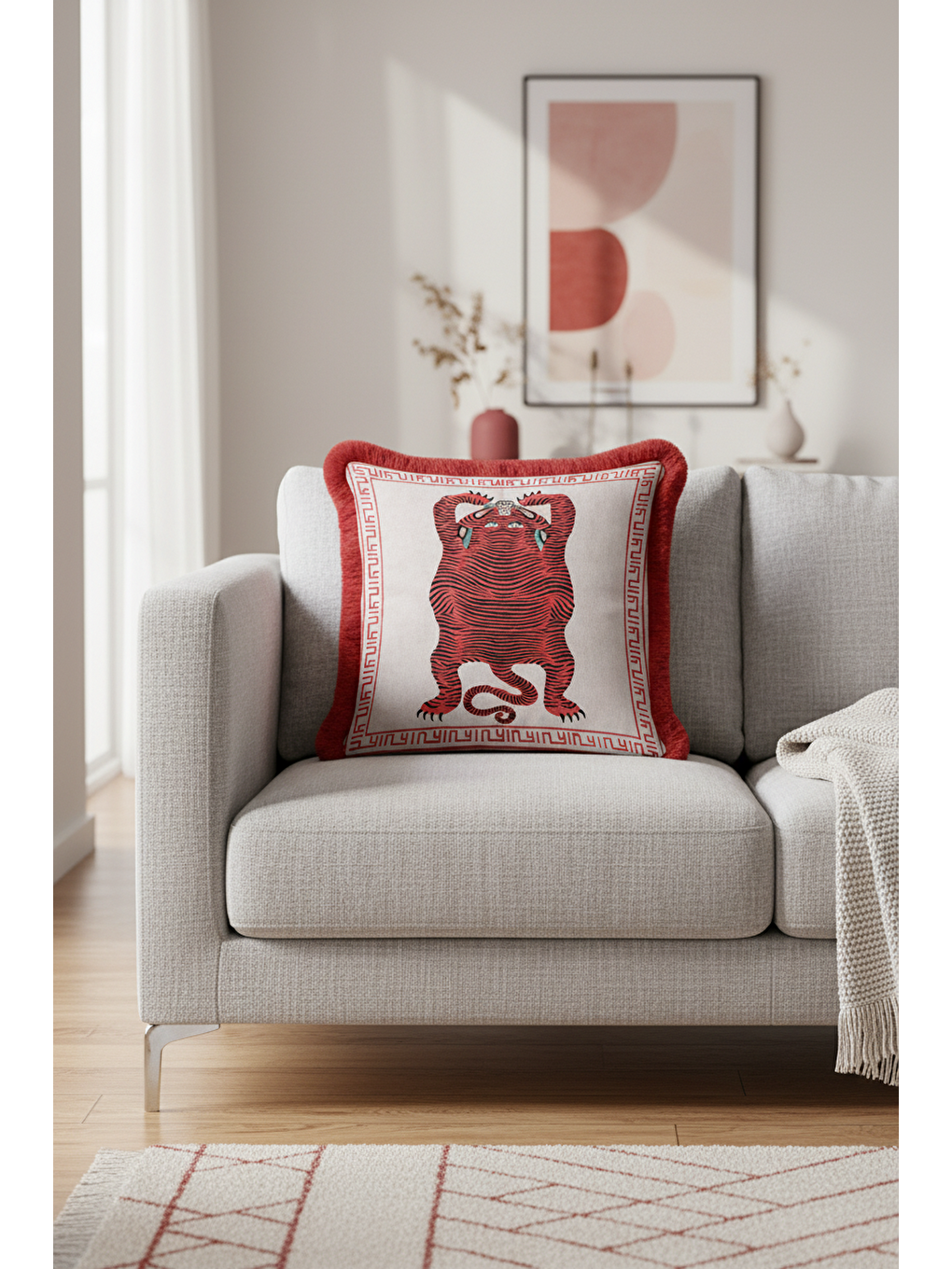 Karışık Asya Motifli Saçaklı Yastık Kılıfı - Kırmızı Kaplan Figürlü Etnik Bohem Püsküllü Kırlent Kılıfı-4
