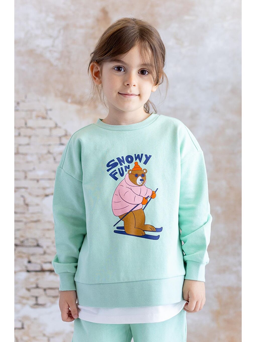 Kız Çocuk Suprem Garnili Ayı Baskılı Sweatshirt - Yeşil