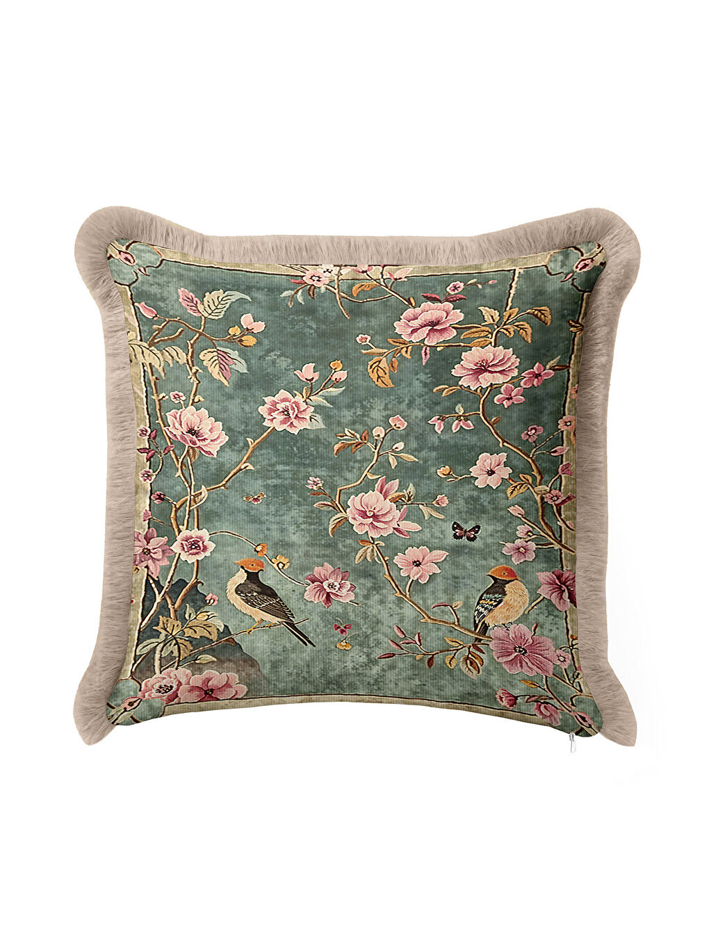 Karışık Bahar Kuşlu Saçaklı Yastık Kılıfı - Vintage Çiçekli Klasik Bohem Yeşil Püsküllü Kırlent Kılıfı-1