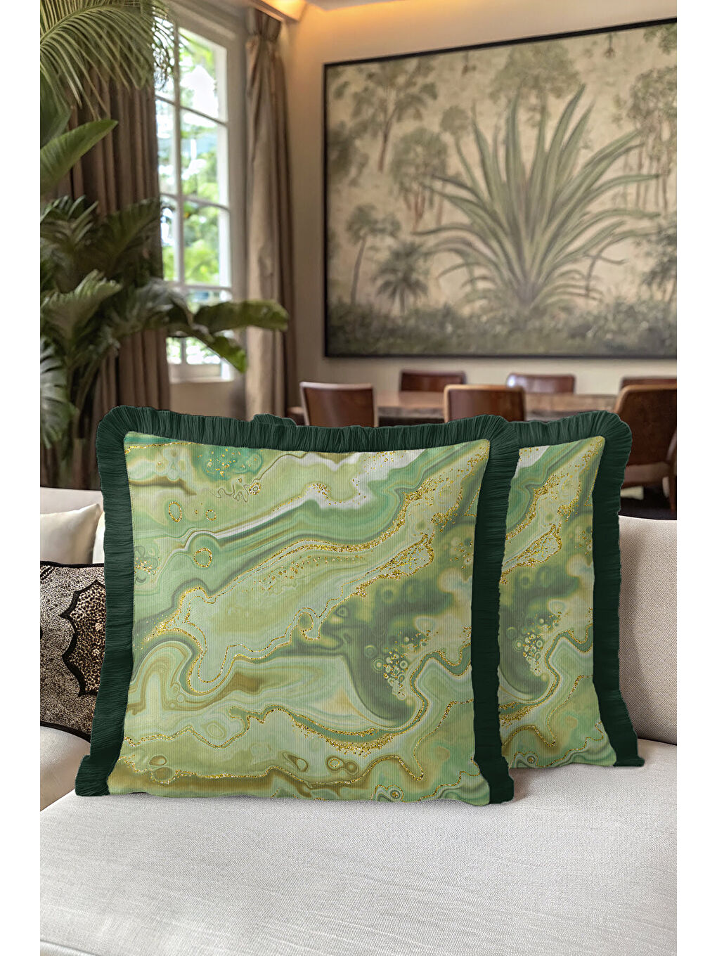 Karışık Zümrüt Mermer Saçaklı Yastık Kılıfı - Lüks Bohem Yeşil Altın Renkli Püsküllü Kırlent Kılıfı-5