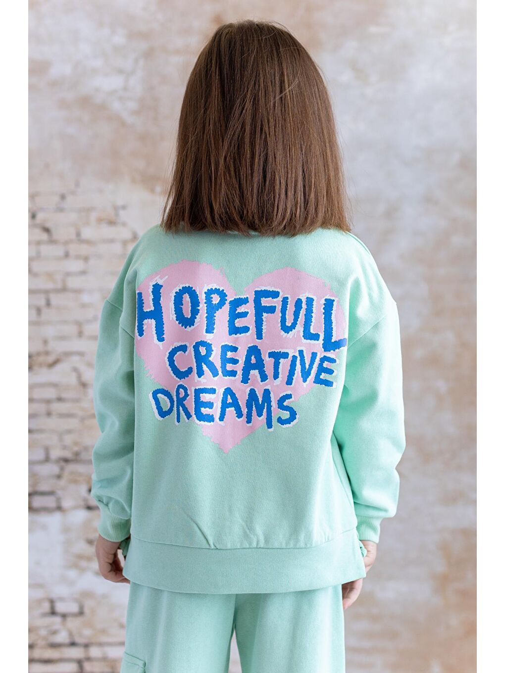 Kız Çocuk Ön Arka Kalp Baskılı Sweatshirt - Yeşil-1