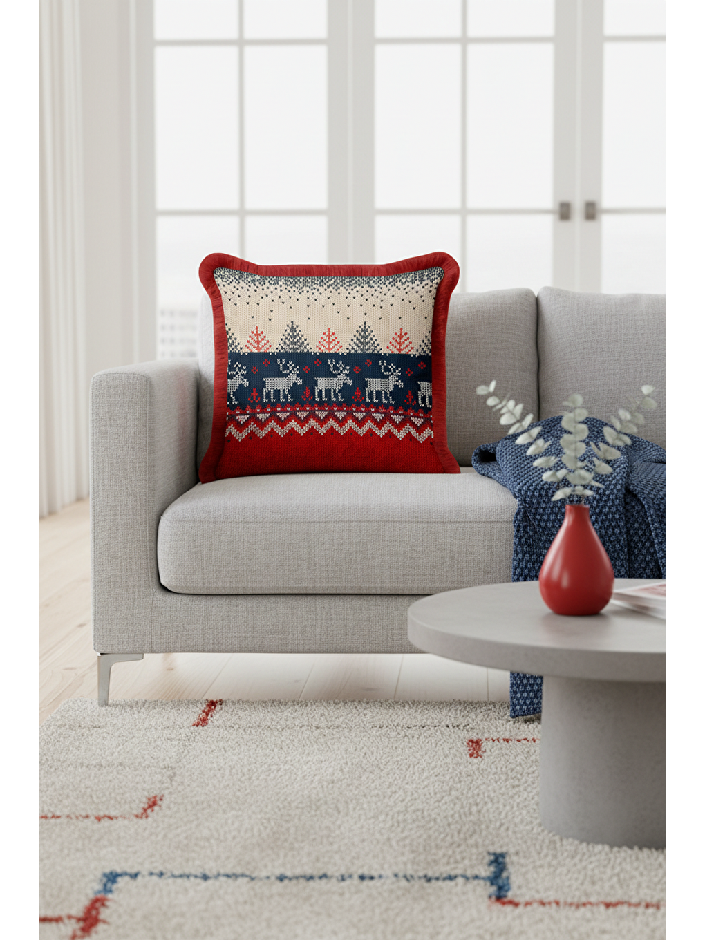 Karışık Nordik Geyik Motifi Saçaklı Yastık Kılıfı - Kış Tema Rustik Kırmızı Lacivert Püsküllü Kırlent Kılıfı-1