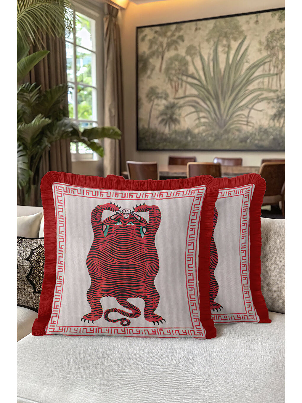Karışık Asya Motifli Saçaklı Yastık Kılıfı - Kırmızı Kaplan Figürlü Etnik Bohem Püsküllü Kırlent Kılıfı-5