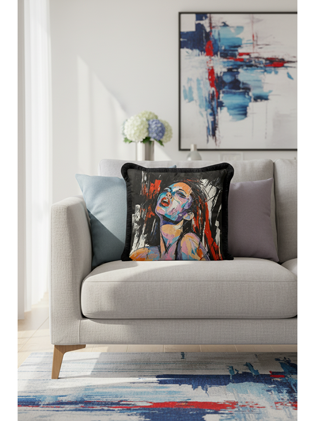 Karışık Soyut Portre Sanat Saçaklı Yastık Kılıfı - Modern Siyah Kırmızı Püsküllü Kırlent Kılıfı-4