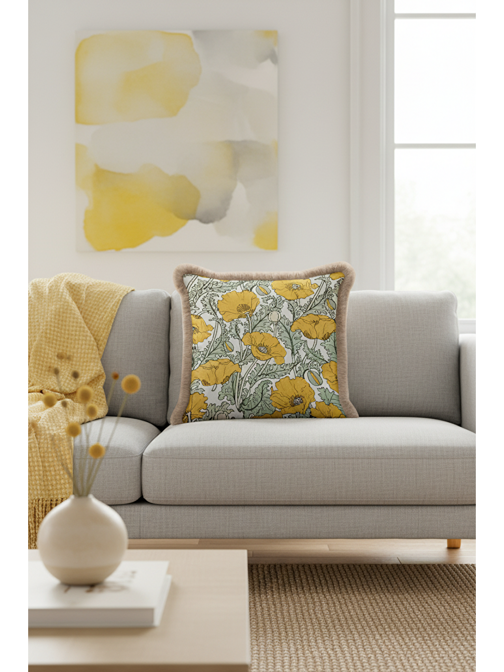 Karışık Lüks Çiçek Bahçesi Saçaklı Yastık Kılıfı - Vintage Country Sarı Yeşil Püsküllü Kırlent Kılıfı-2