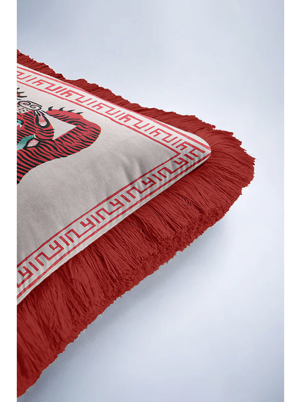 Karışık Asya Motifli Saçaklı Yastık Kılıfı - Kırmızı Kaplan Figürlü Etnik Bohem Püsküllü Kırlent Kılıfı-6