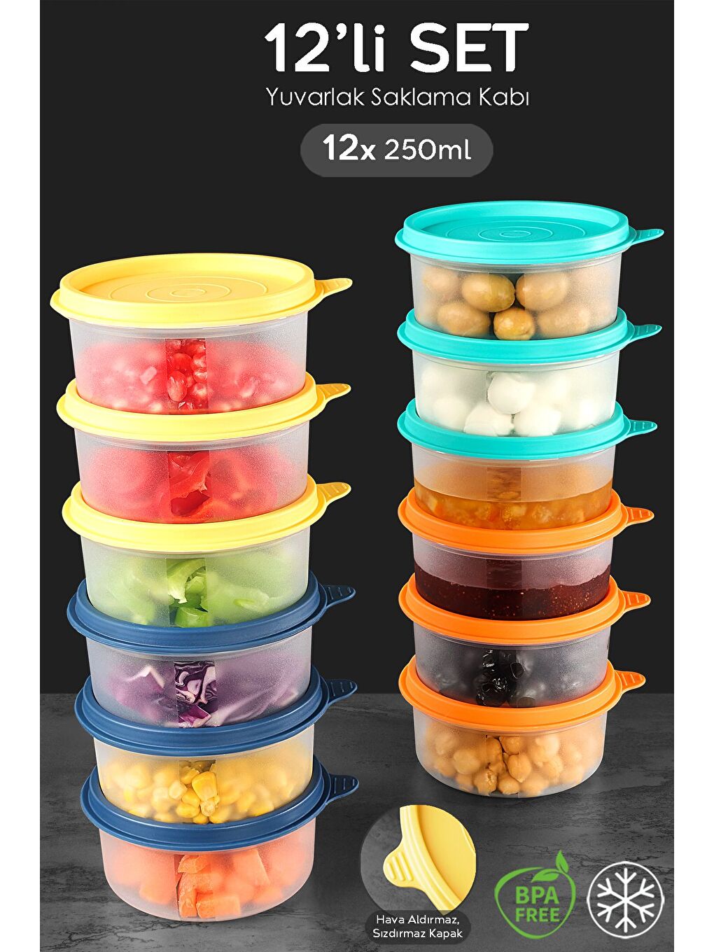 Karışık 12'li Yuvarlak Gıda Saklama Kabı Seti 12x250 ml Renkli