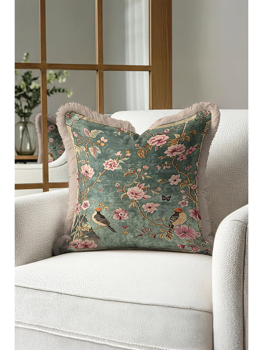 Karışık Bahar Kuşlu Saçaklı Yastık Kılıfı - Vintage Çiçekli Klasik Bohem Yeşil Püsküllü Kırlent Kılıfı-2