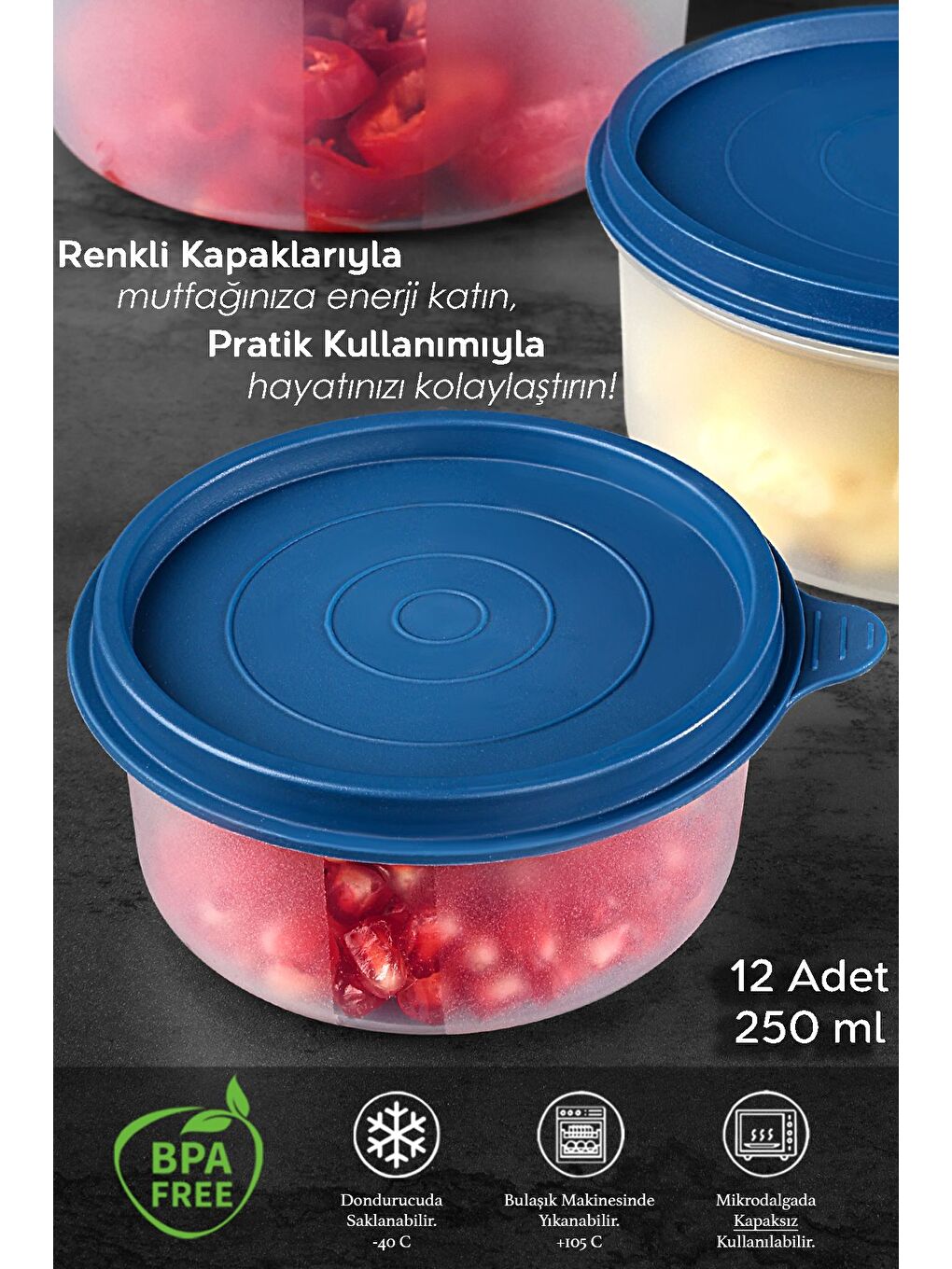 Karışık 12'li Yuvarlak Gıda Saklama Kabı Seti 12x250 ml Renkli-1