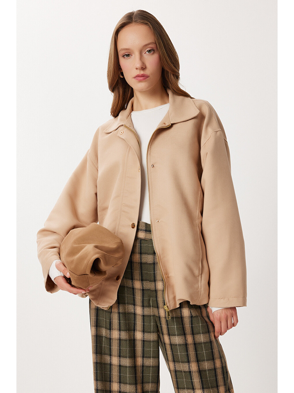 Bej Oversize Suni Süet Bomber Ceket BEJ LAN0081-1