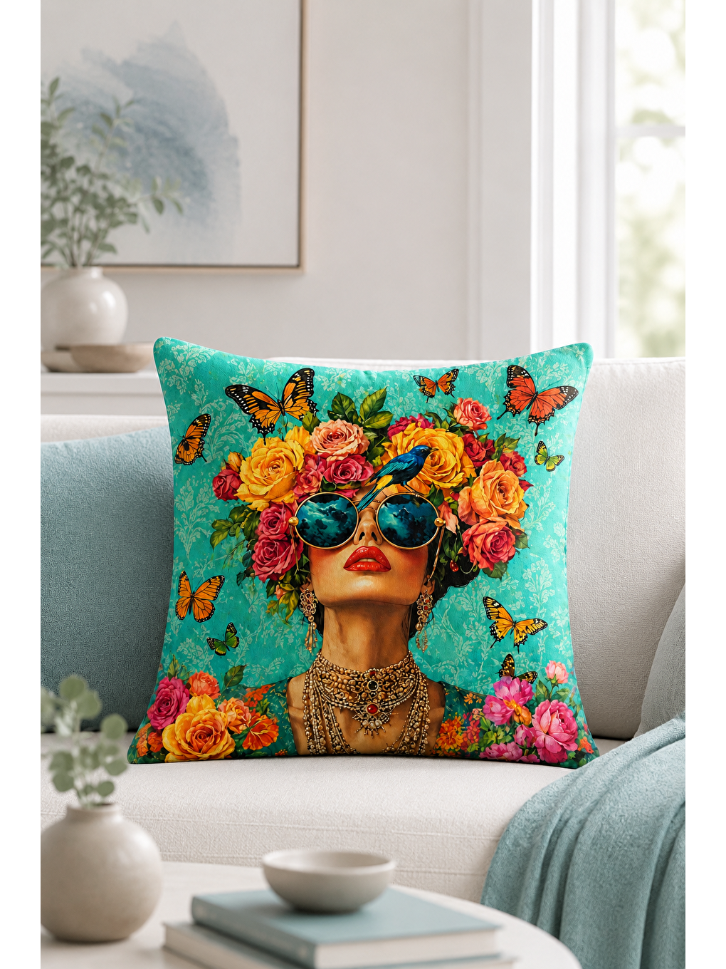 Turkuaz Çiçek Taçlı Kadın Kelebek Desenli Dekoratif Kırlent Kılıfı Bohem Salon Dekor 43x43 Cm-4