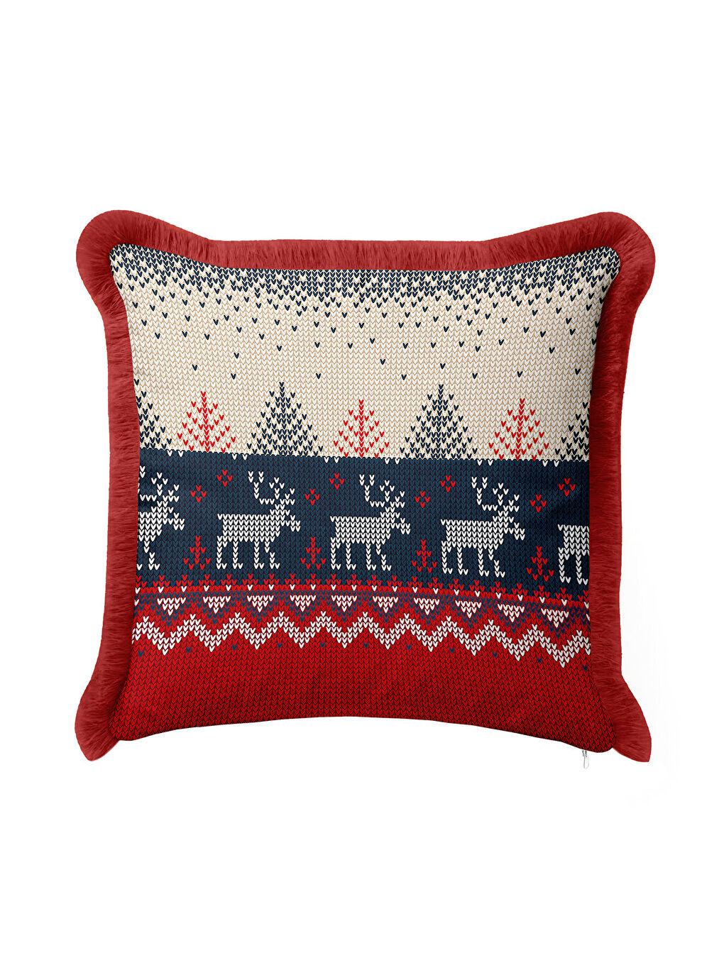 Karışık Nordik Geyik Motifi Saçaklı Yastık Kılıfı - Kış Tema Rustik Kırmızı Lacivert Püsküllü Kırlent Kılıfı-2