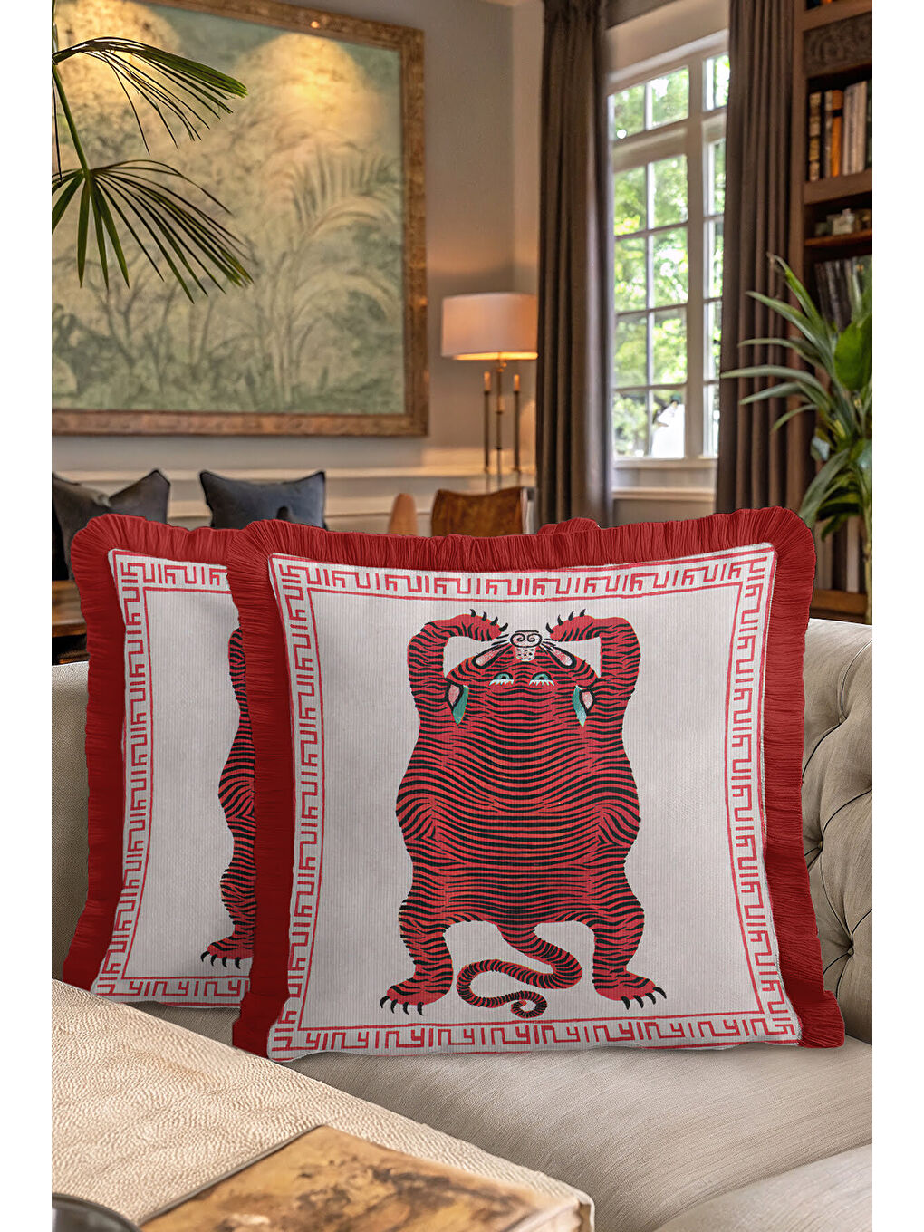Karışık Asya Motifli Saçaklı Yastık Kılıfı - Kırmızı Kaplan Figürlü Etnik Bohem Püsküllü Kırlent Kılıfı-7