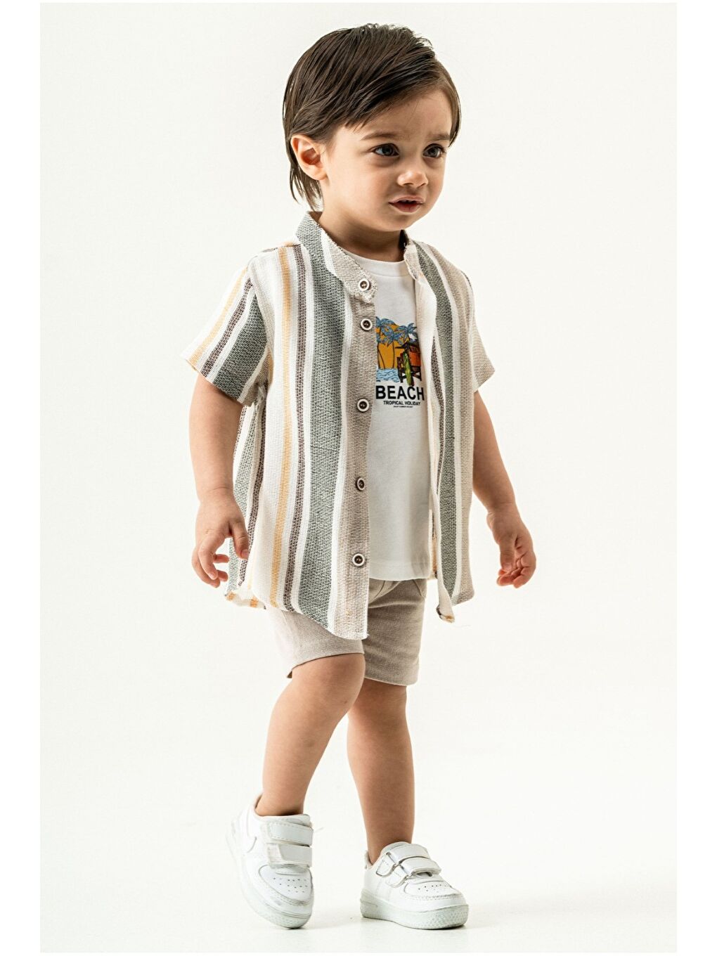 Bej Erkek Çocuk 3’lü Yazlık Takım Çizgili Gömlek Tişört Şort Kombin-1