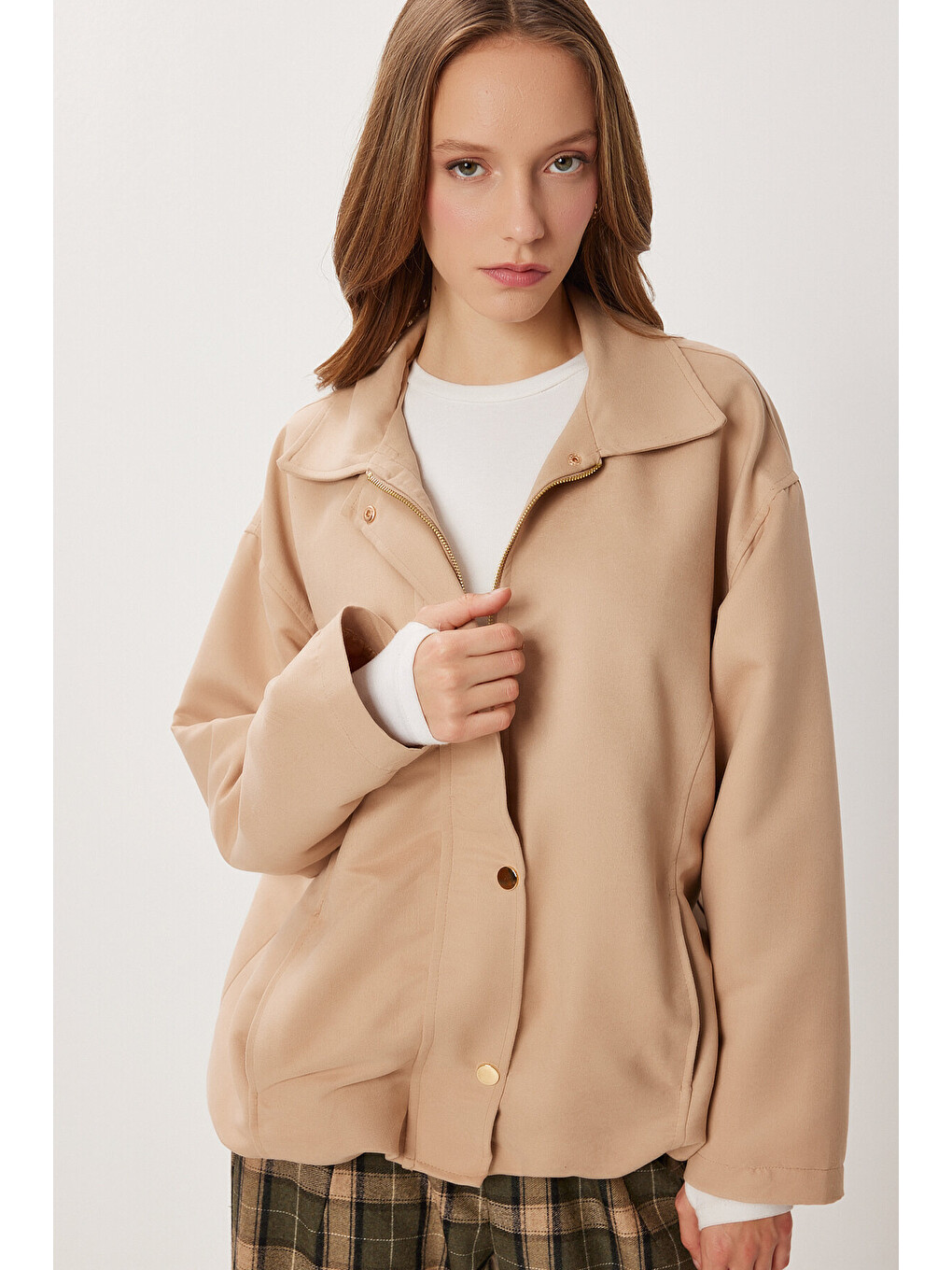 Bej Oversize Suni Süet Bomber Ceket BEJ LAN0081-3