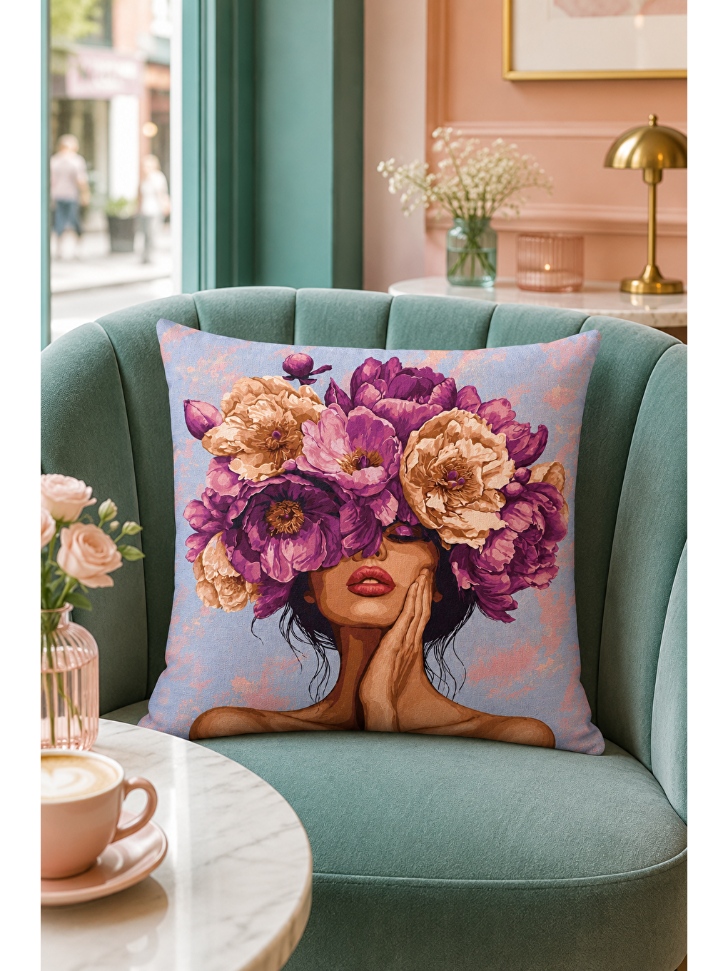 Mor Çiçek Taçlı Kadın Portre Dekoratif Kırlent Kılıfı Bohem Salon Dekor 43x43 Cm
