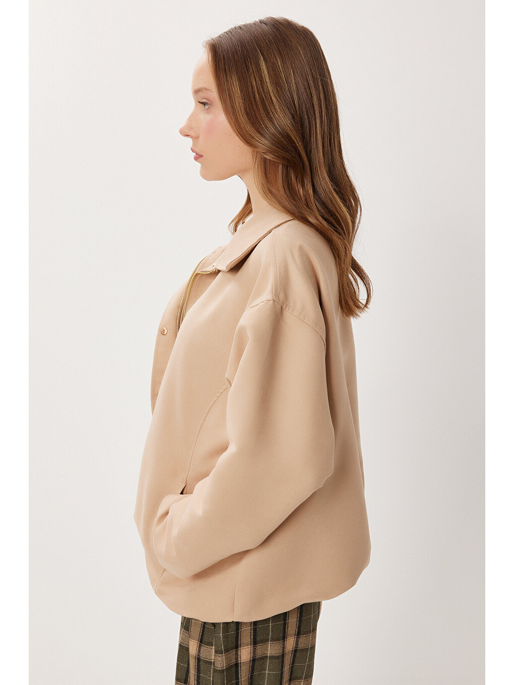 Bej Oversize Suni Süet Bomber Ceket BEJ LAN0081-4
