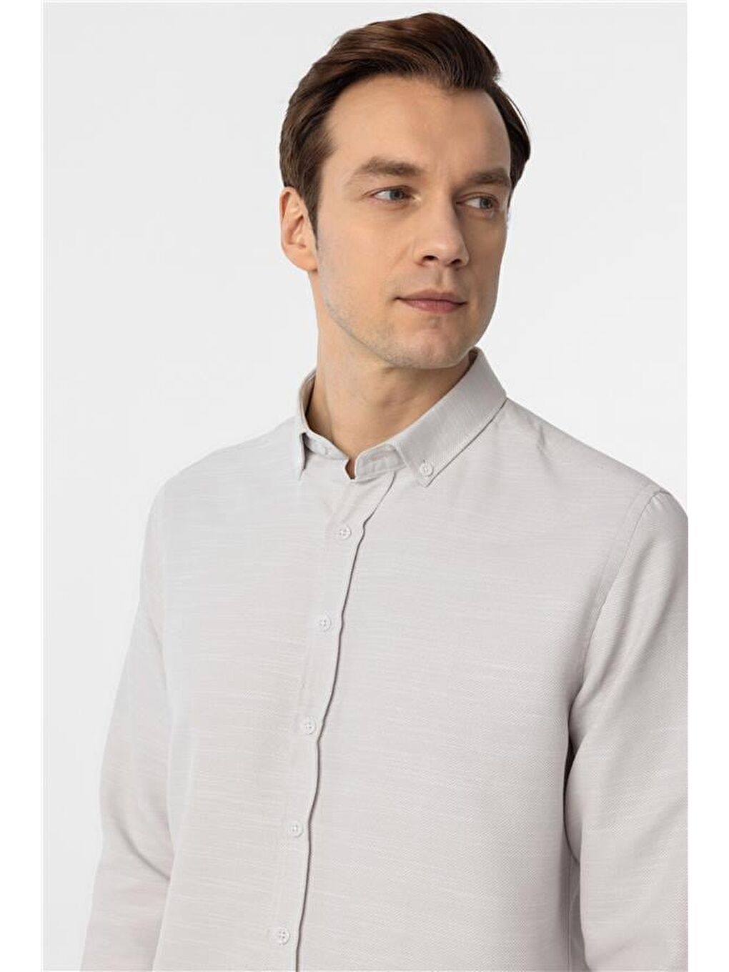 Ekru Slim Armürlü Düğmeli Yaka Gömlek-1