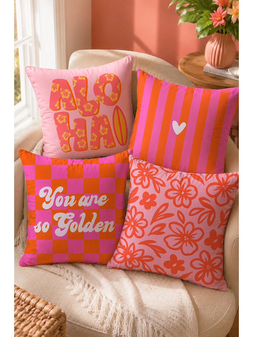 Pembe Aloha Çiçek Ve Çizgi Desenli Dekoratif Kırlent Kılıfı 43x43 Cm Retro Yazlık Dekor-1