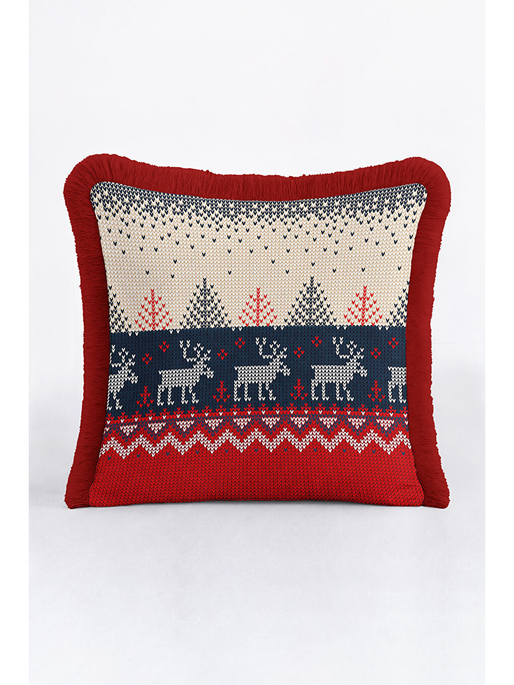Karışık Nordik Geyik Motifi Saçaklı Yastık Kılıfı - Kış Tema Rustik Kırmızı Lacivert Püsküllü Kırlent Kılıfı-3