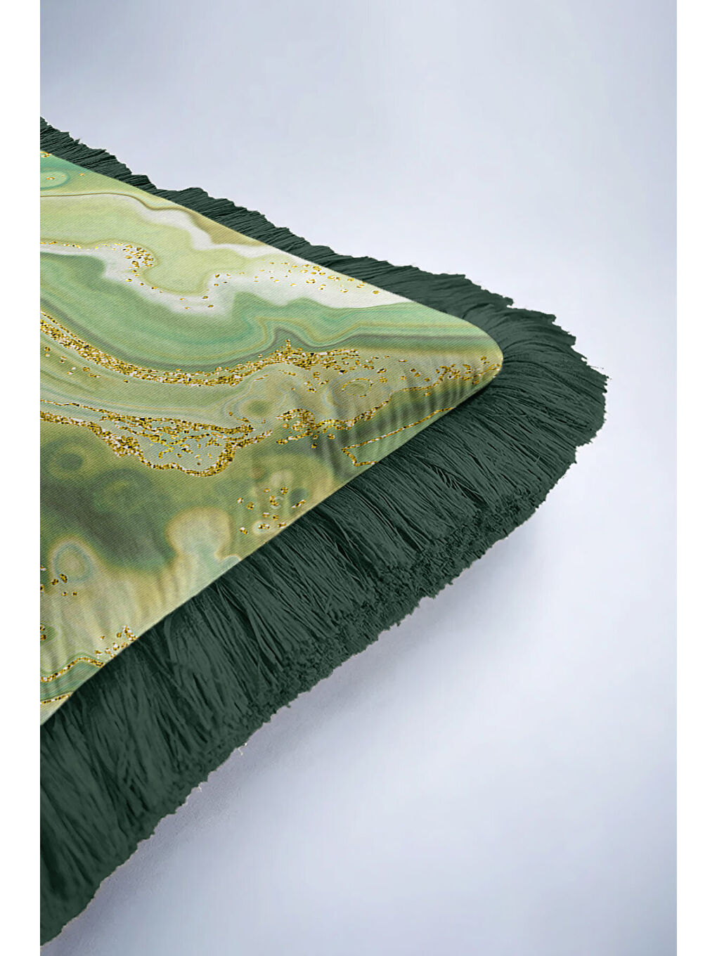Karışık Zümrüt Mermer Saçaklı Yastık Kılıfı - Lüks Bohem Yeşil Altın Renkli Püsküllü Kırlent Kılıfı-6