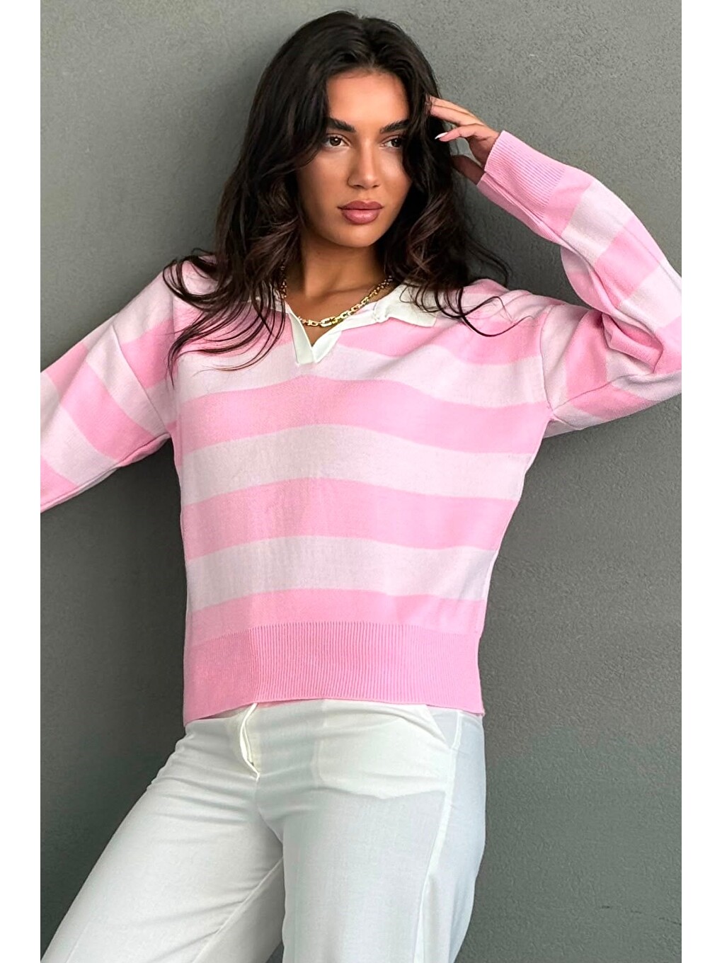 Pembe Çizgili Polo Yaka Kadın Kazak Mg2882-1