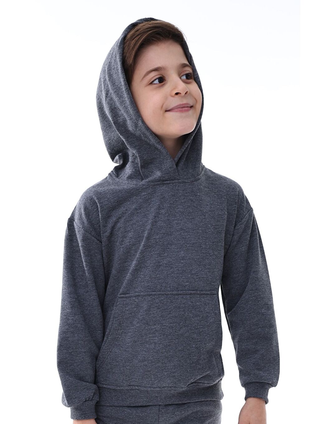 Gri Basic Kapüşonlu Şardonlu Kanguru Cep Detaylı Çocuk Sweatshirt 3-10 Yaş Ekru