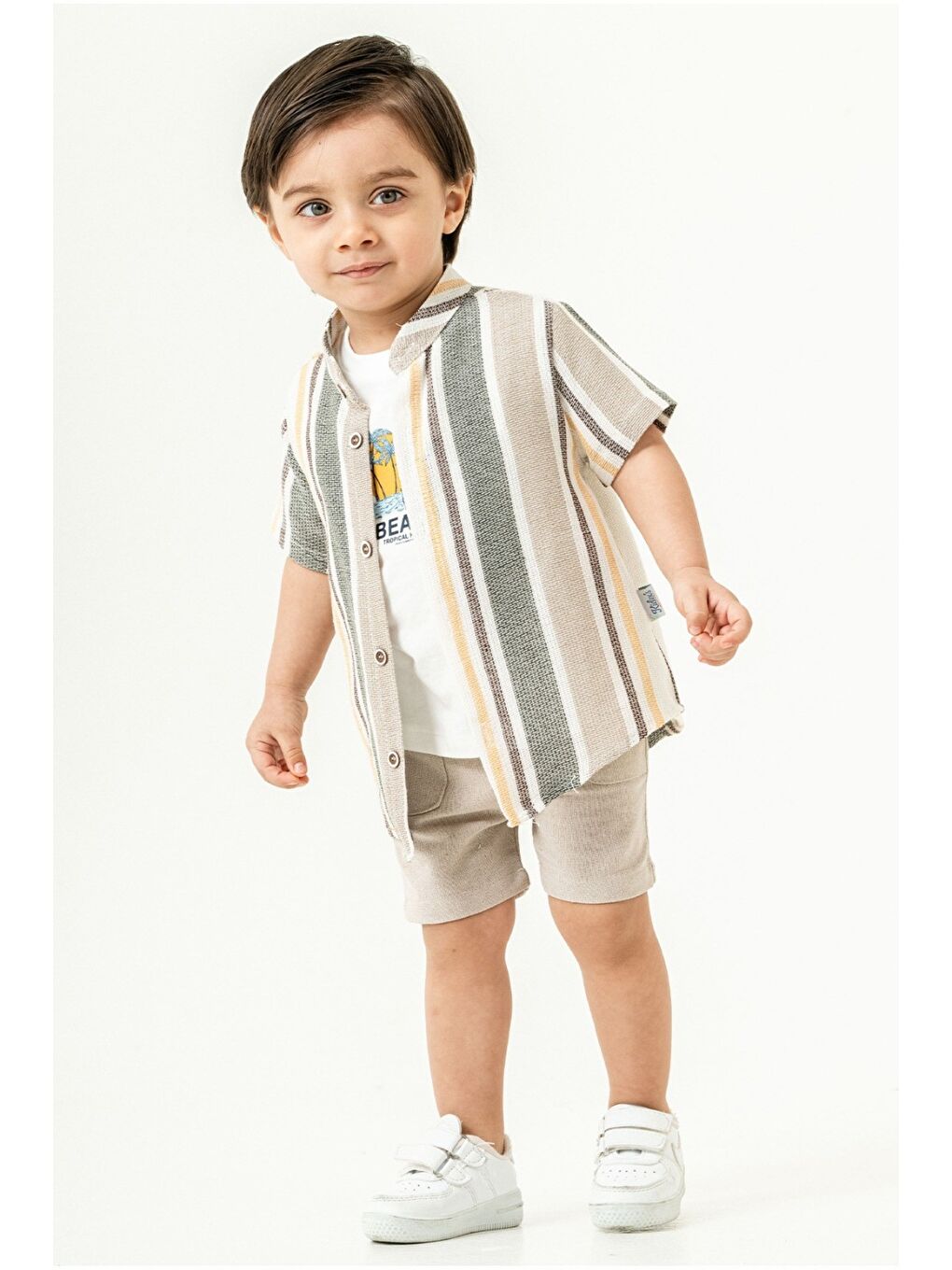 Bej Erkek Çocuk 3’lü Yazlık Takım Çizgili Gömlek Tişört Şort Kombin-2