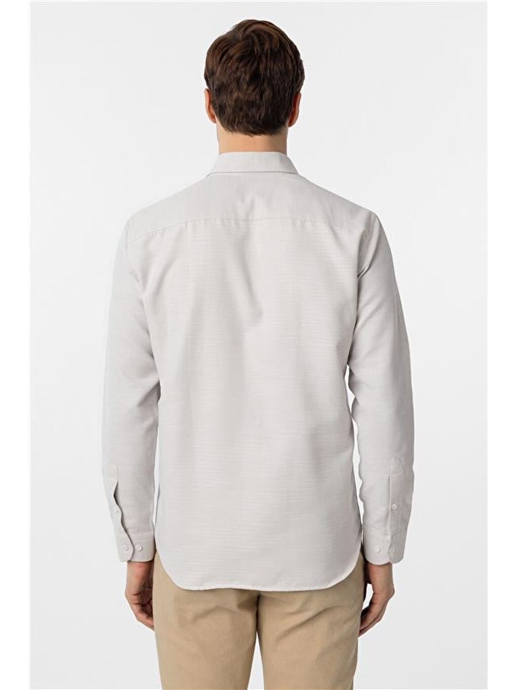 Ekru Slim Armürlü Düğmeli Yaka Gömlek-2