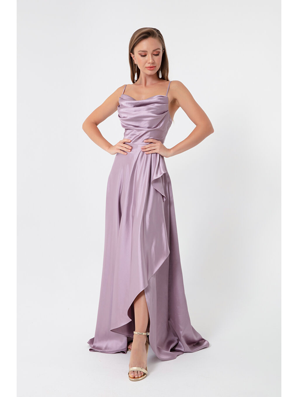 Kadın Lila Volanlı Yırtmaçlı Saten Abiye & Mezuniyet Elbisesi-1