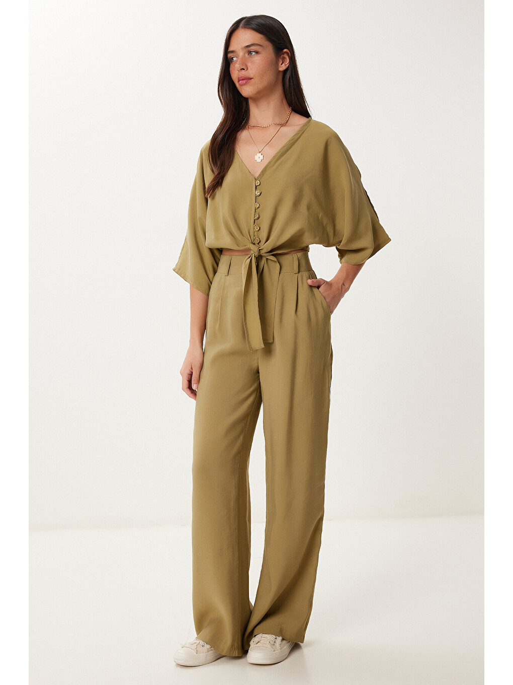 Yeşil Modal Bluz Pantolon Takım ZEYTİN YEŞİLİ LBV0069-1