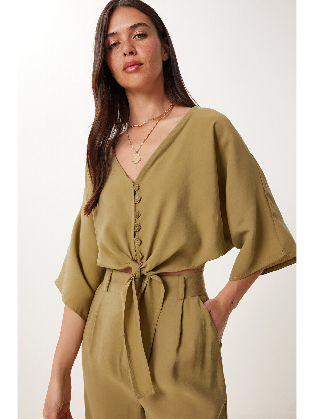 Yeşil Modal Bluz Pantolon Takım ZEYTİN YEŞİLİ LBV0069-2