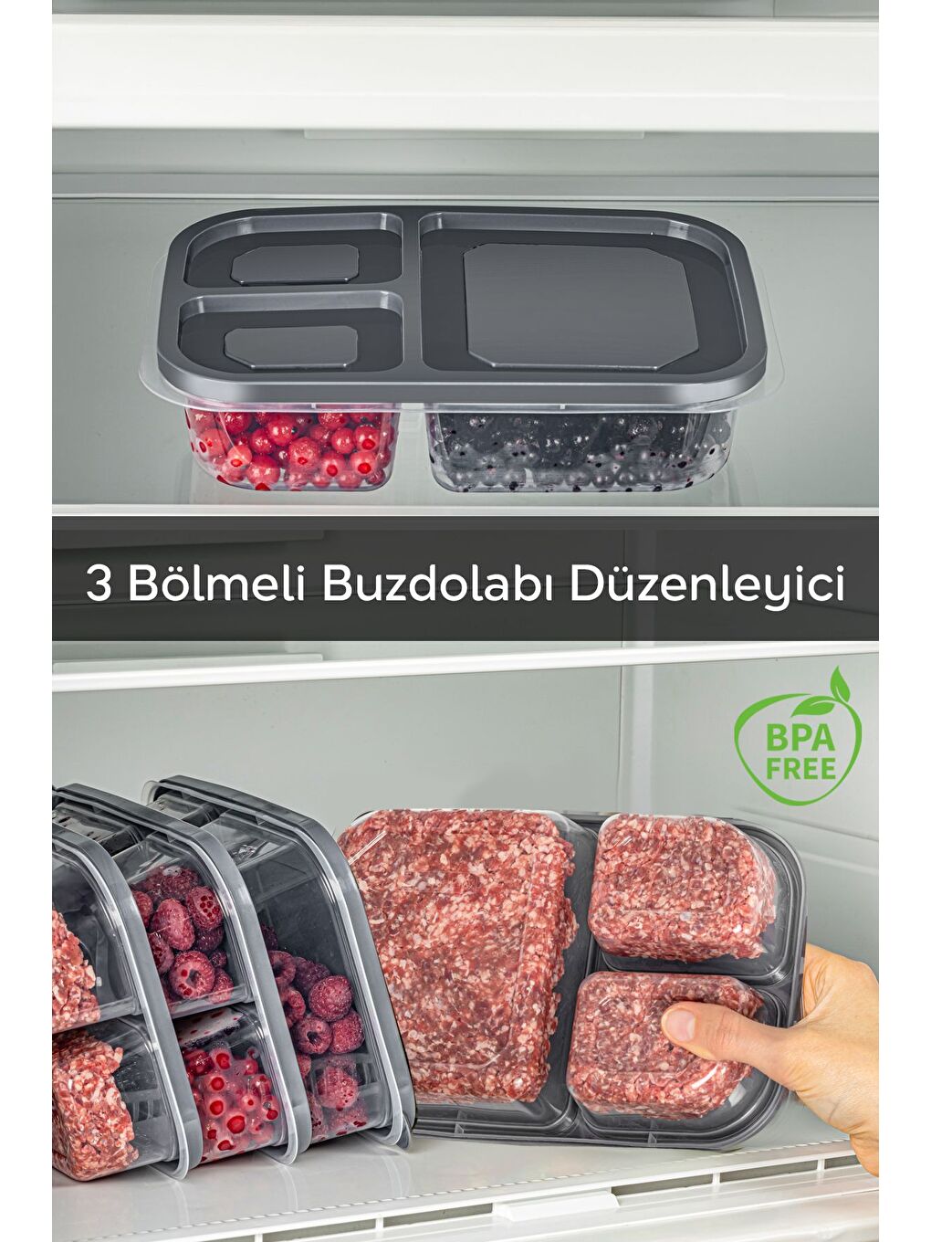 Gri 3 Bölmeli Kapaklı Derin Dondurucu Düzenleme Organizeri Dikdörtgen Buzdolabı Saklama kutusu