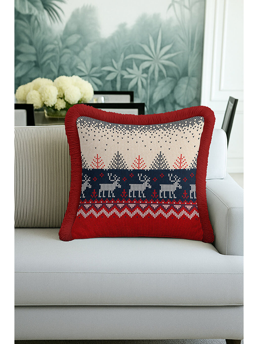 Karışık Nordik Geyik Motifi Saçaklı Yastık Kılıfı - Kış Tema Rustik Kırmızı Lacivert Püsküllü Kırlent Kılıfı-4